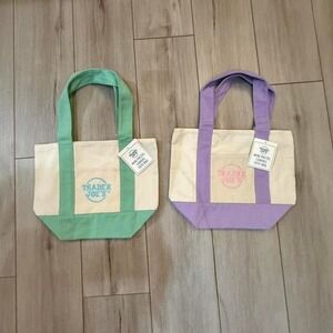 Trader Joe's Mini Pastel Canvas Tote Bag Set Green and Purple Limited Edition